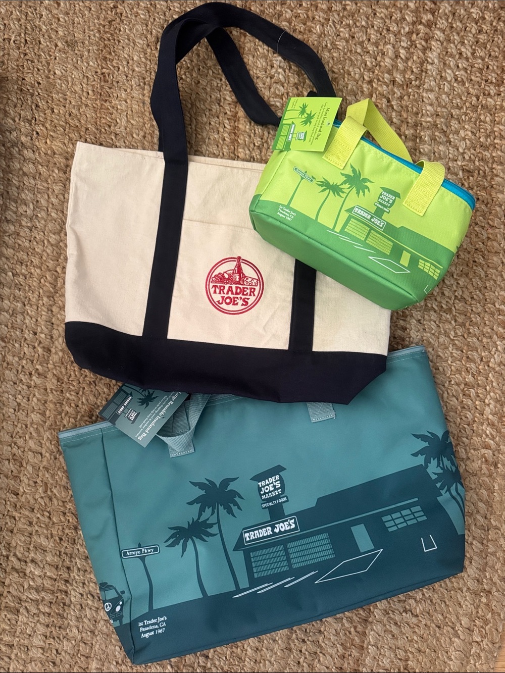 Trader Joe’s lime Green Mini Cooler, large green cooler and navy tote bag bundle